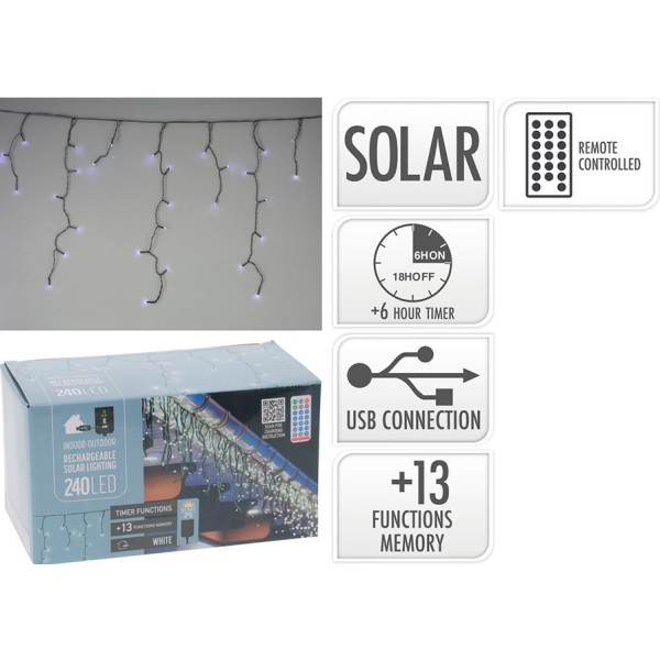 Cortina led solar recargable 240 leds 13 funciones parpadeante exterior blanco frio 5.6 m